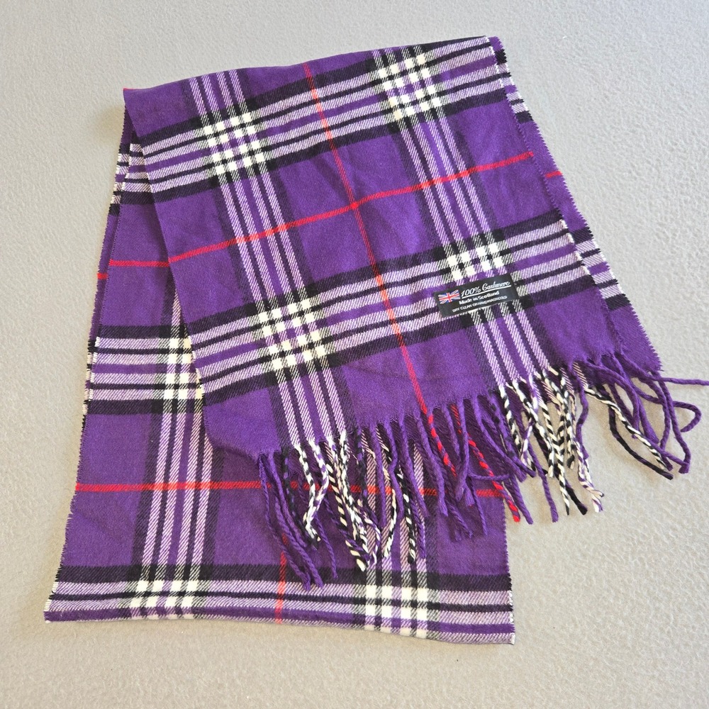 Scotland Scarf Unisex OS Purple Plaid 100% Cashmere Fringed Made in Scotland